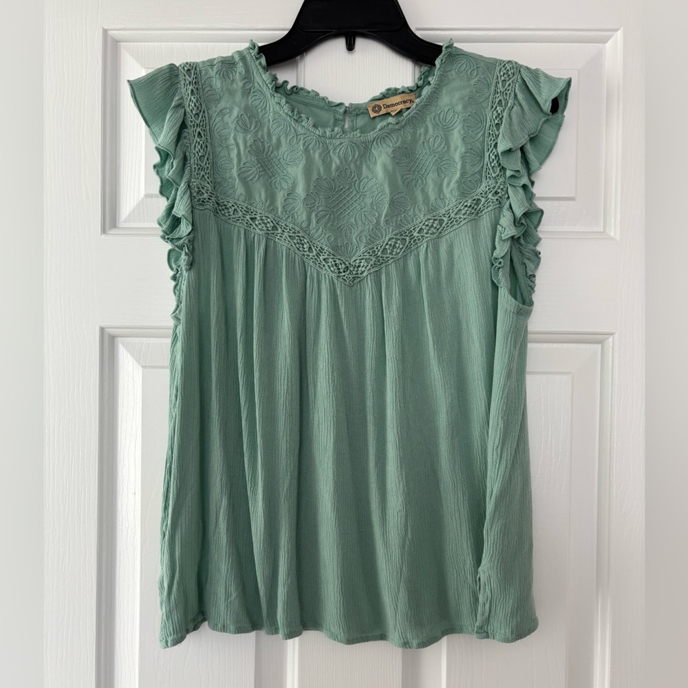Democracy Sage Green Lace Yoke Ruffle Sleeve Blouse